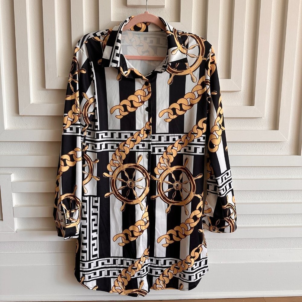 Womens Print Button Down Collar Long Sleeve Shirt Mini Dress - Picture 2 of 3